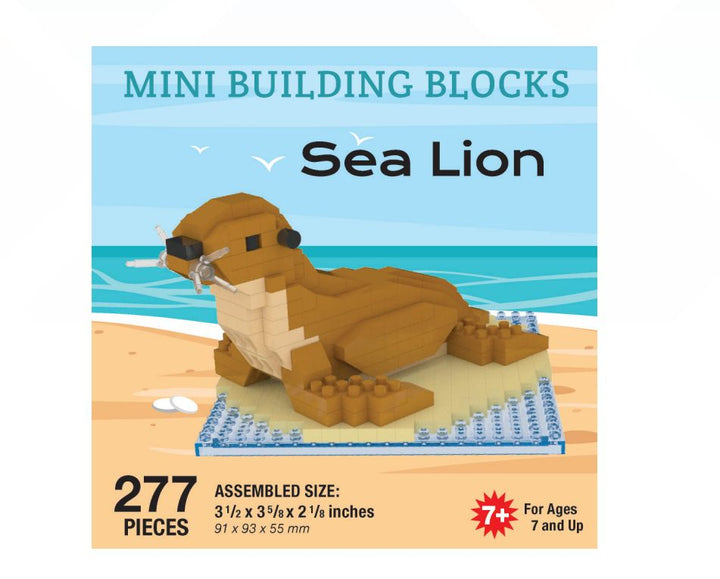 Sea Lion Mini Building Blocks: 277-piece set with a brown sea lion on a blue base, “Sea Lion” text, assembled size, and age 7+. Made from non-toxic ABS material. Ocean waves and blue sky in the background.
