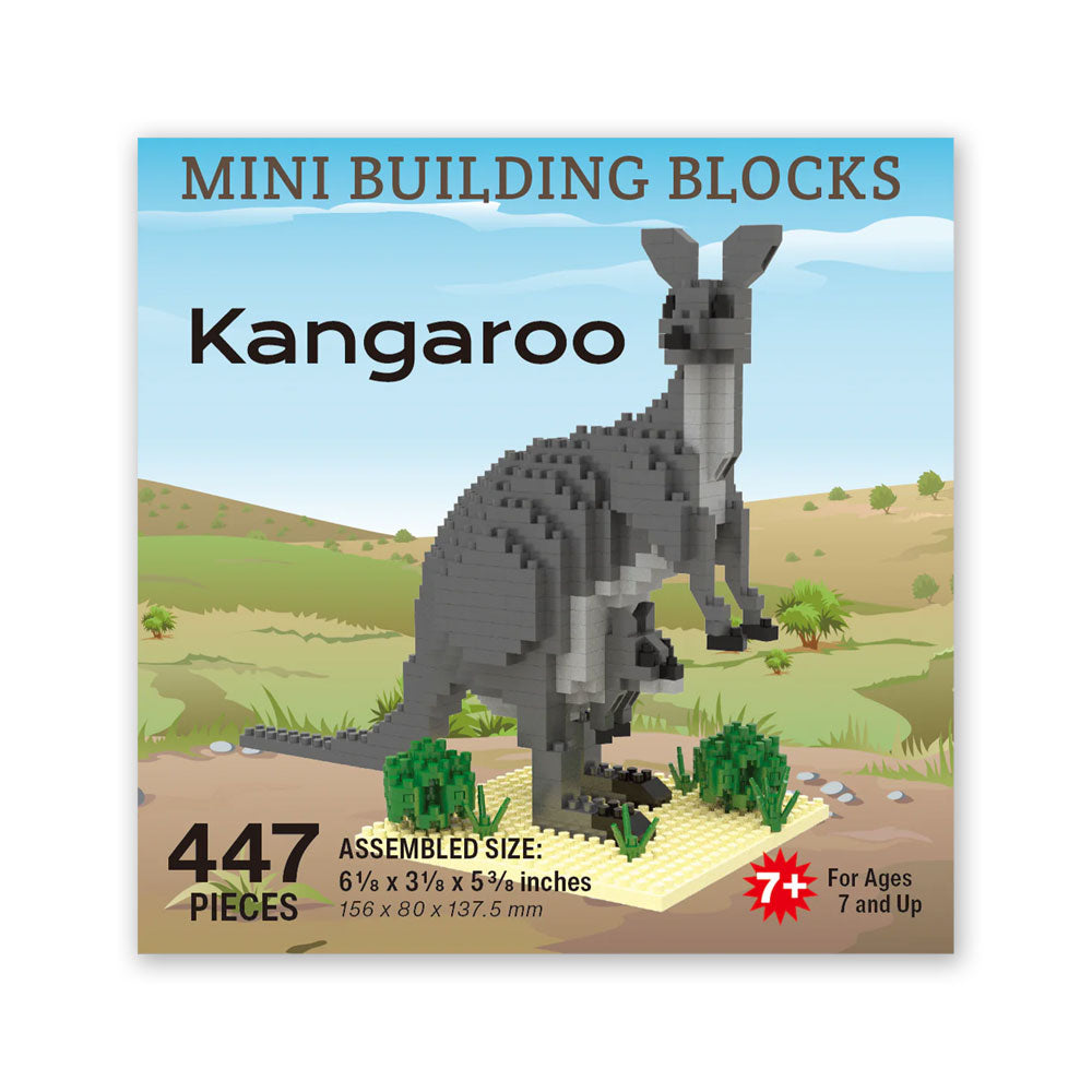The Mini Building Blocks Kangaroo set, designed for ages 7+, includes 447 portable blocks to build a kangaroo with grassy scenery. Assembled, it measures approx. 6.5 x 3.5 x 5.5 inches.