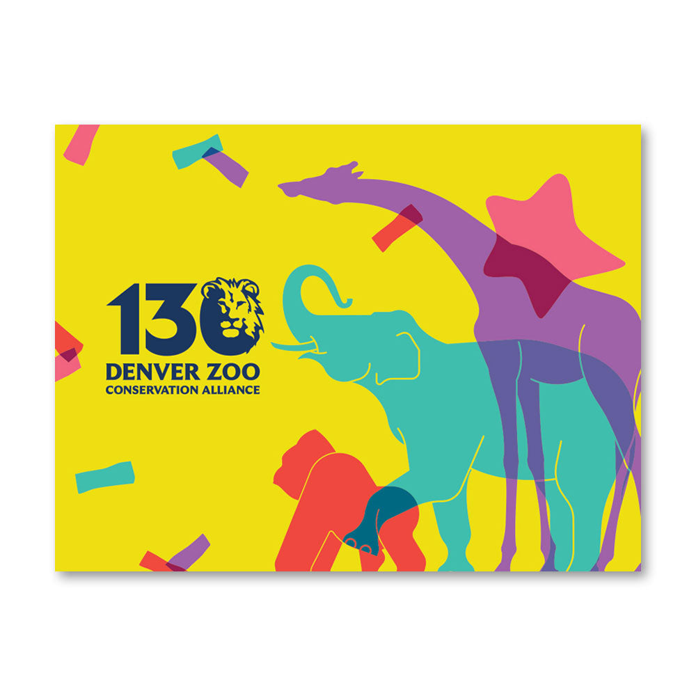 Bright yellow graphic of the DZCA 130th Anniversary Magnet, displaying colorful outlines of an elephant, giraffe, gorilla, and anteater amid confetti shapes—celebrating wildlife conservation for the Denver Zoological Conservation Alliance.