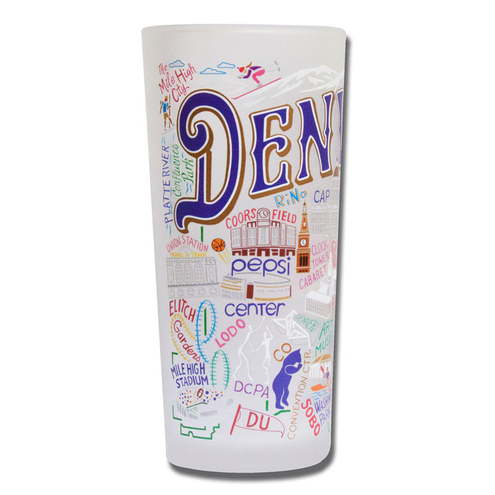 The Denver Pint Glass features colorful illustrations and text showcasing Colorado's Mile High landmarks, including Coors Field, Pepsi Center, and the Mile High City.
