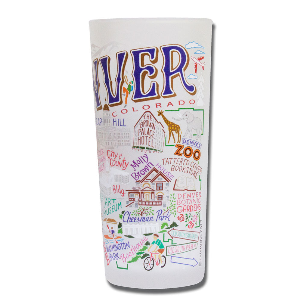 The Denver Pint Glass showcases vibrant illustrations of Mile High landmarks like the Denver Zoo, Tattered Cover Bookstore, Brown Palace Hotel, City Park, and Cheesman Park.