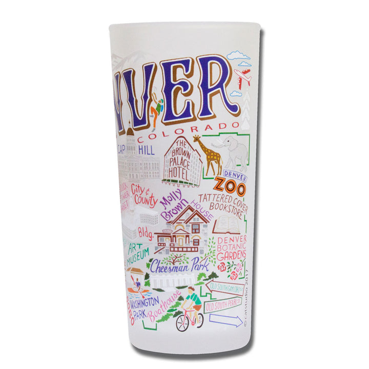 The Denver Pint Glass showcases vibrant illustrations of Mile High landmarks like the Denver Zoo, Tattered Cover Bookstore, Brown Palace Hotel, City Park, and Cheesman Park.