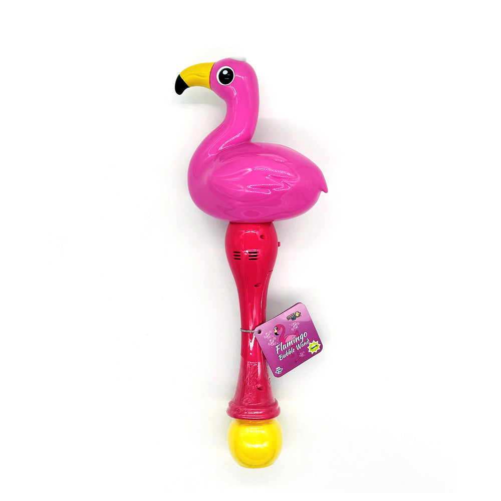 The Flamingo Light Up Bubble Wand features a pink flamingo on top and a yellow ball at the bottom. This playful kids’ bubble toy, shown against a white background, includes a tag on the handle for added fun.