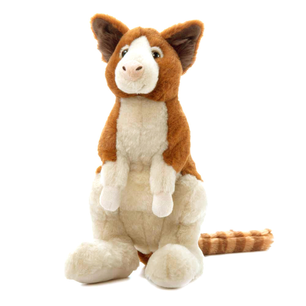 The Tree Kangaroo Plush is a cuddly stuffed animal with light brown and white fur, large ears, round eyes, and a long striped tail. It sits upright on a white background and resembles an adorable tree kangaroo.