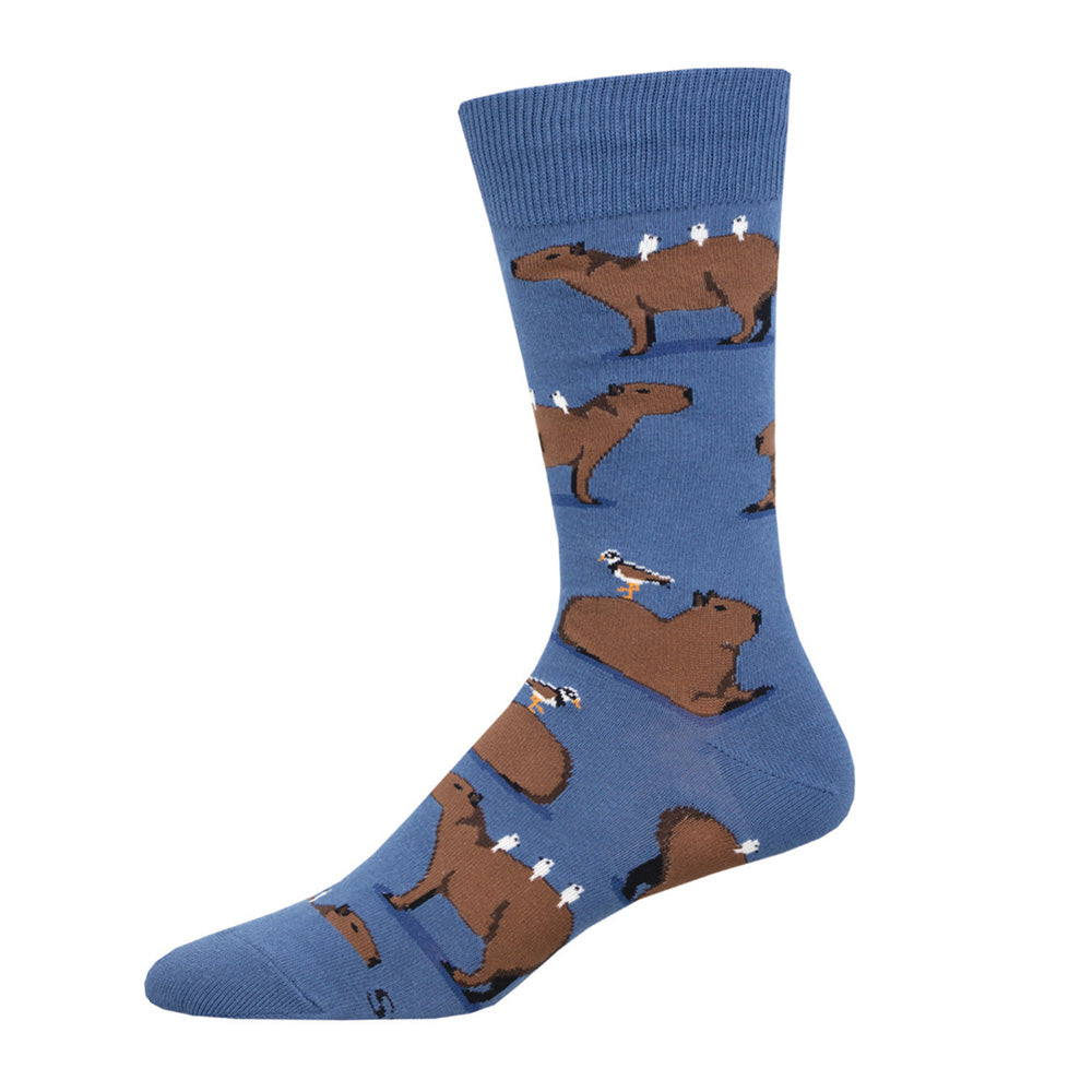 Capybara Crew Socks with a pattern of brown capybaras and white birds on a blue background—ideal for animal lovers and Denver Zoo fans.