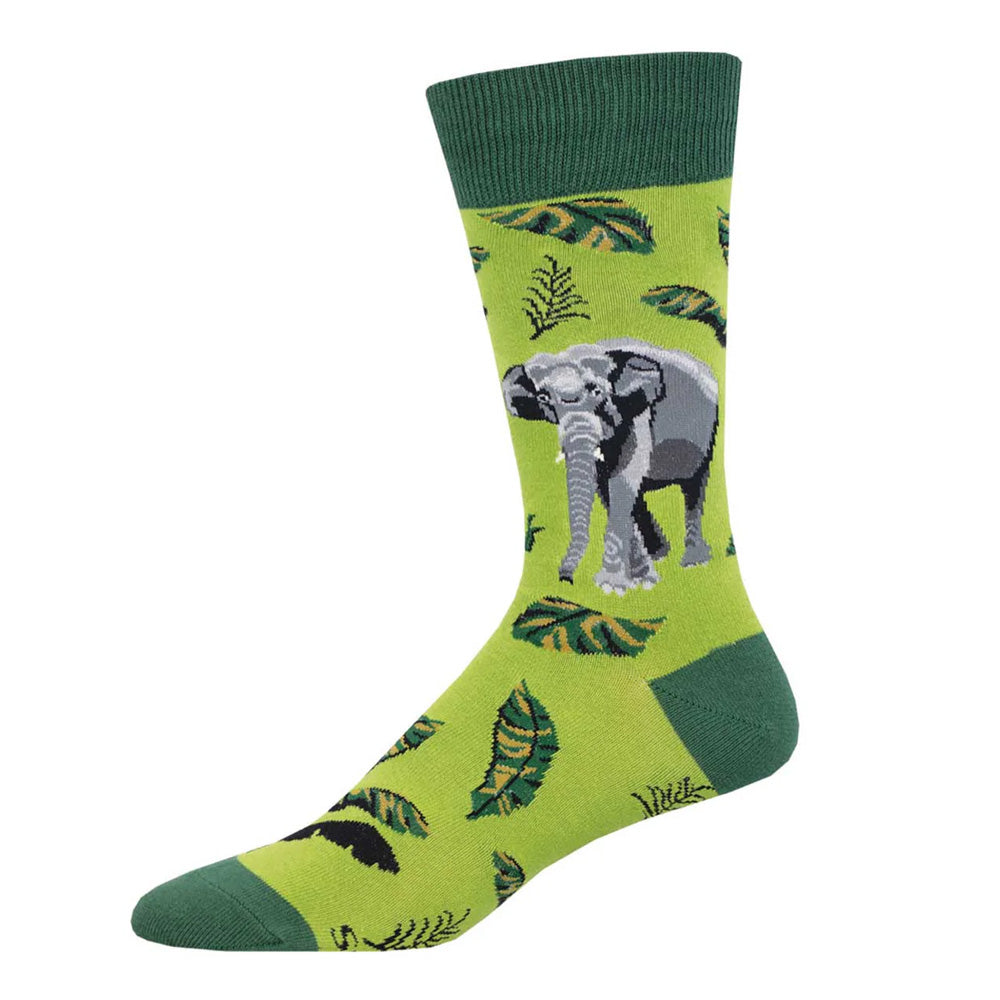 Asian Elephant Crew Socks: Green cotton crew socks with dark green toe, heel, and cuff, leaf pattern, and a detailed gray elephant design—ideal for fans of unique elephant-themed socks.