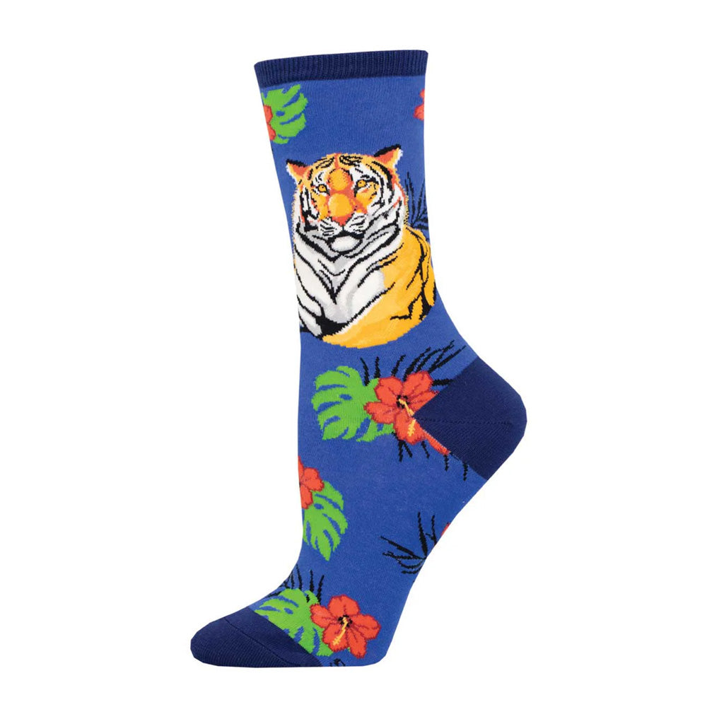 Tiger Floral Women's Crew Socks: Blue crew socks for women featuring a vibrant tiger face with green leaves and red hibiscus flowers. Add a playful, colorful touch to your style. Displayed on a white background.