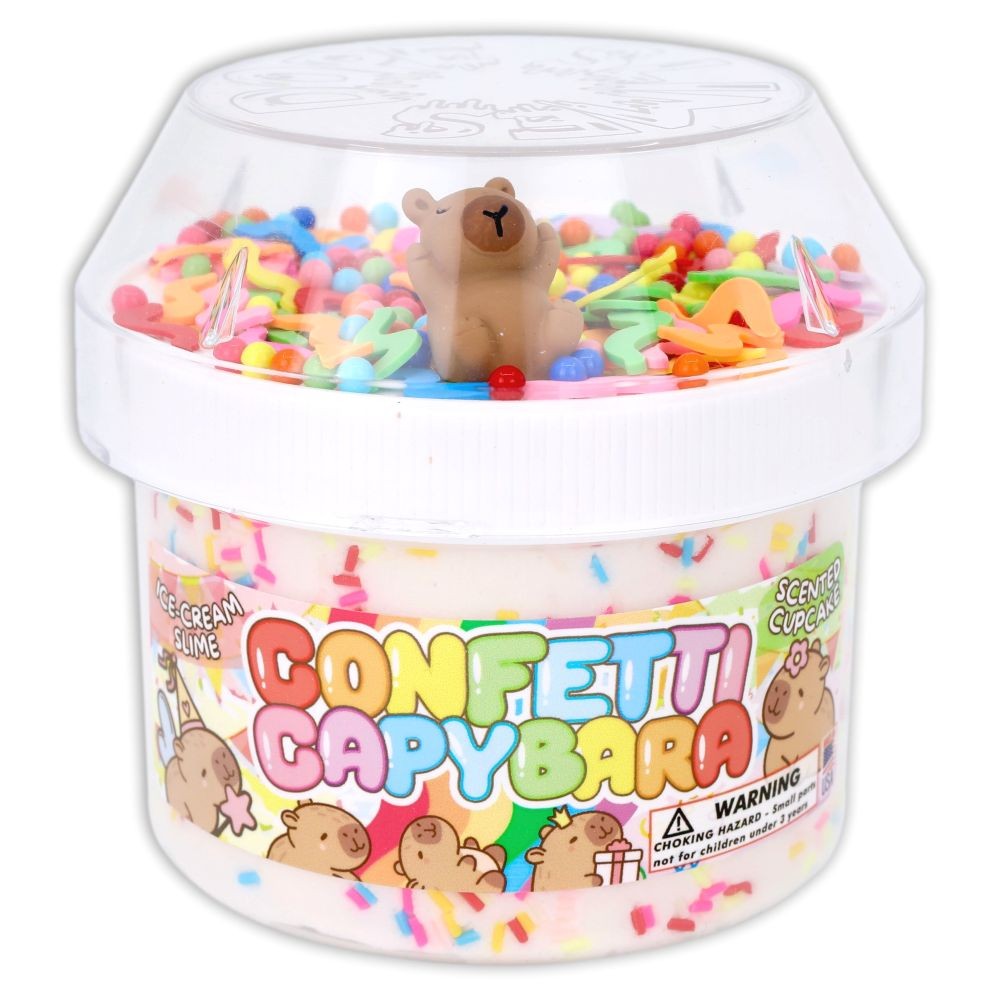 Capybara Confetti Slime is a clear cupcake-scented slime with multicolored sprinkles and a mini capybara figurine, packaged in a jar featuring capybara illustrations and vibrant text for a fun sensory experience.