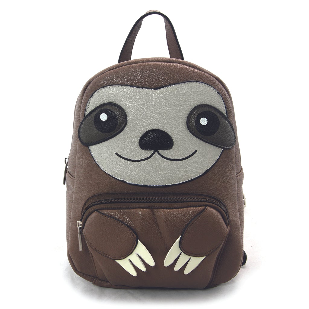 The Sloth Mini Backpack features a brown design with cartoon sloth face and arms, accented by black, white, and gray patches for its facial features and claws.
