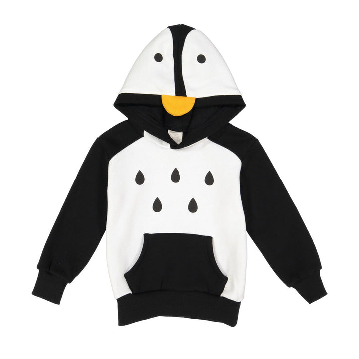 The Penguin 3D Toddler Hooded Sweatshirt features a black and white design, a hood with eyes and a yellow beak, plus playful teardrop shapes—making it a cozy, fun cotton hoodie for little ones.