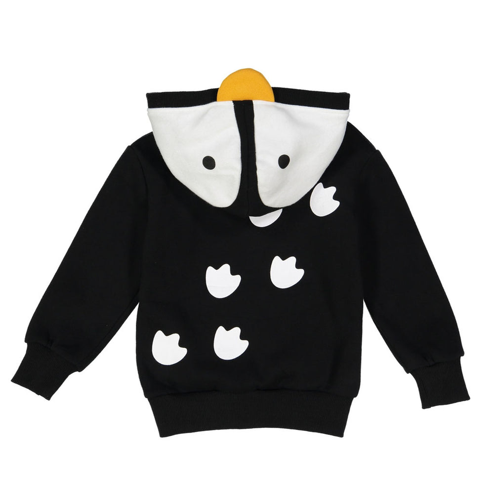 The Penguin 3D Toddler Hooded Sweatshirt is a black cotton hoodie for kids with white bird footprints on the back and a hood designed with a white face, black eyes, and a yellow beak on top, resembling a cute penguin.