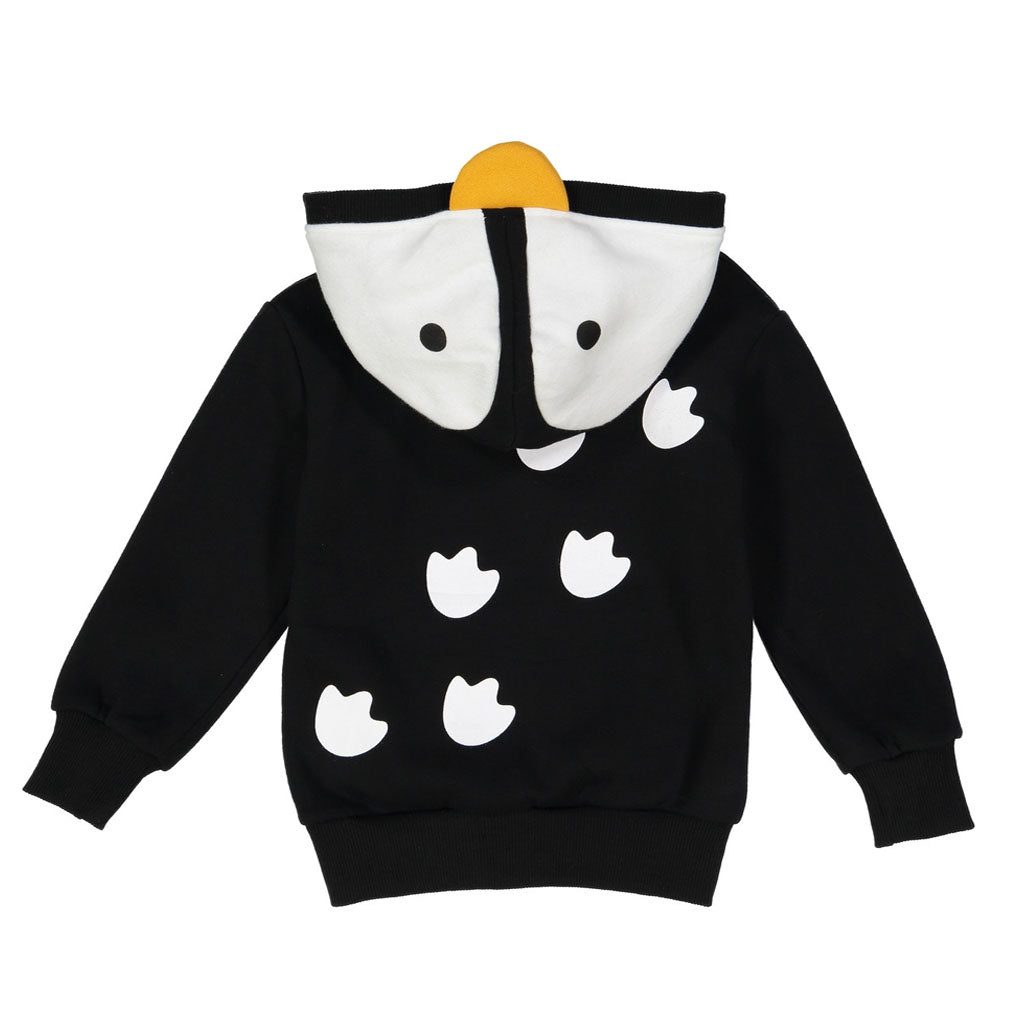 The Penguin 3D Toddler Hooded Sweatshirt is a black cotton hoodie for kids with white bird footprints on the back and a hood designed with a white face, black eyes, and a yellow beak on top, resembling a cute penguin.