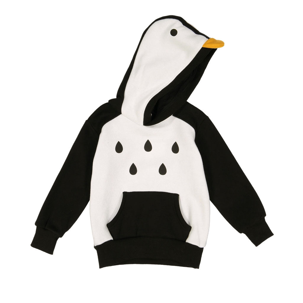 The Penguin 3D Toddler Hooded Sweatshirt is a kids’ cotton hoodie with a white front, black feather teardrop shapes, black sleeves, and a hood featuring a bird face and yellow beak—making it a playful penguin sweatshirt for your child.