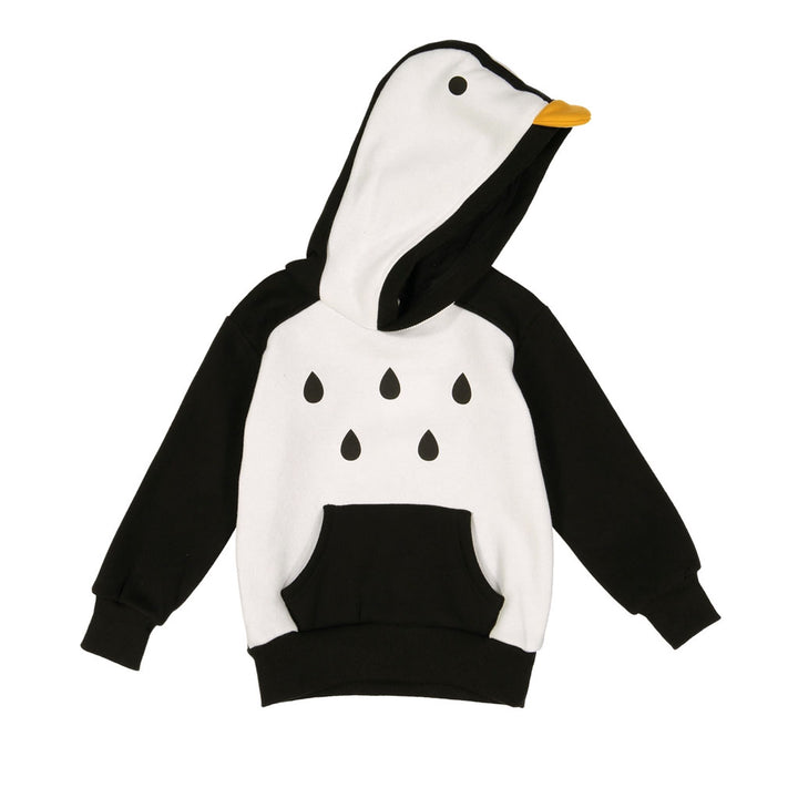 The Penguin 3D Toddler Hooded Sweatshirt is a kids’ cotton hoodie with a white front, black feather teardrop shapes, black sleeves, and a hood featuring a bird face and yellow beak—making it a playful penguin sweatshirt for your child.