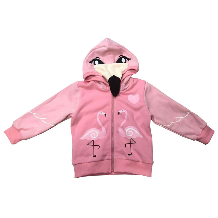 The Flamingo 3D Toddler Hooded Sweatshirt is a pink, 100% cotton hoodie with a flamingo face hood (eyes and beak), two flamingos and a heart on the front, plus white wing outlines on the sleeves for added charm.