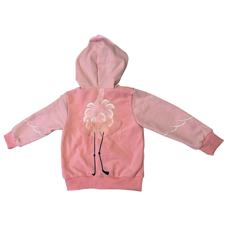 The Flamingo 3D Toddler Hooded Sweatshirt is a pink 100% cotton hoodie with an outstretched sleeve design and a cute flamingo illustration on the back, featuring the body centered and black legs extending to the hem.