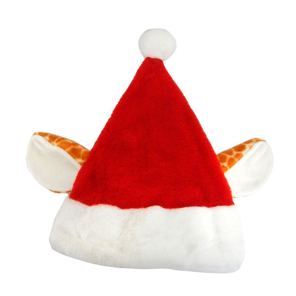 Giraffe Ears Santa Hat featuring a red hat with a white brim, a white pom-pom, and giraffe ears attached to the sides.