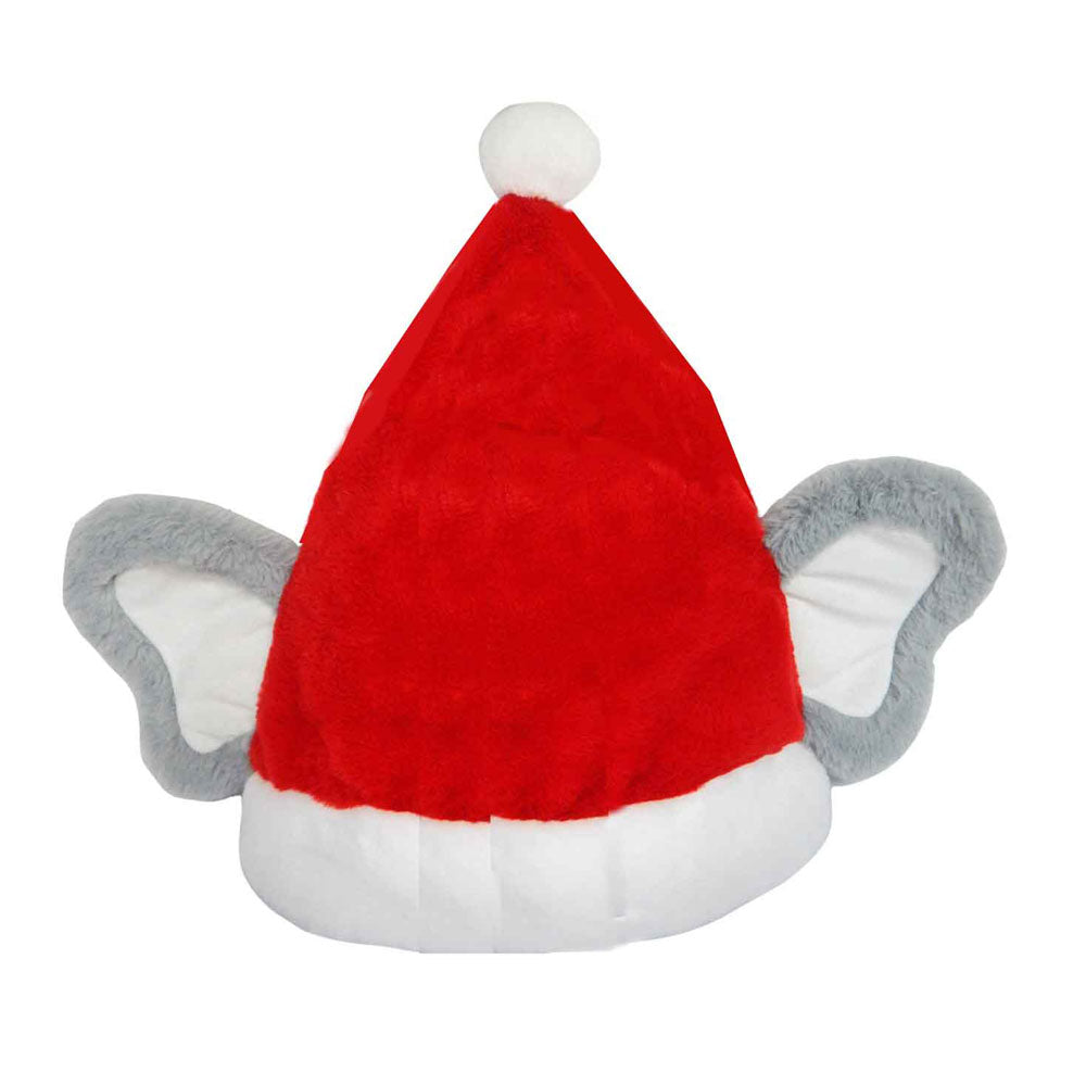 Elephant Ears Santa hat featuring large gray ears on the sides and a white pom-pom on top.