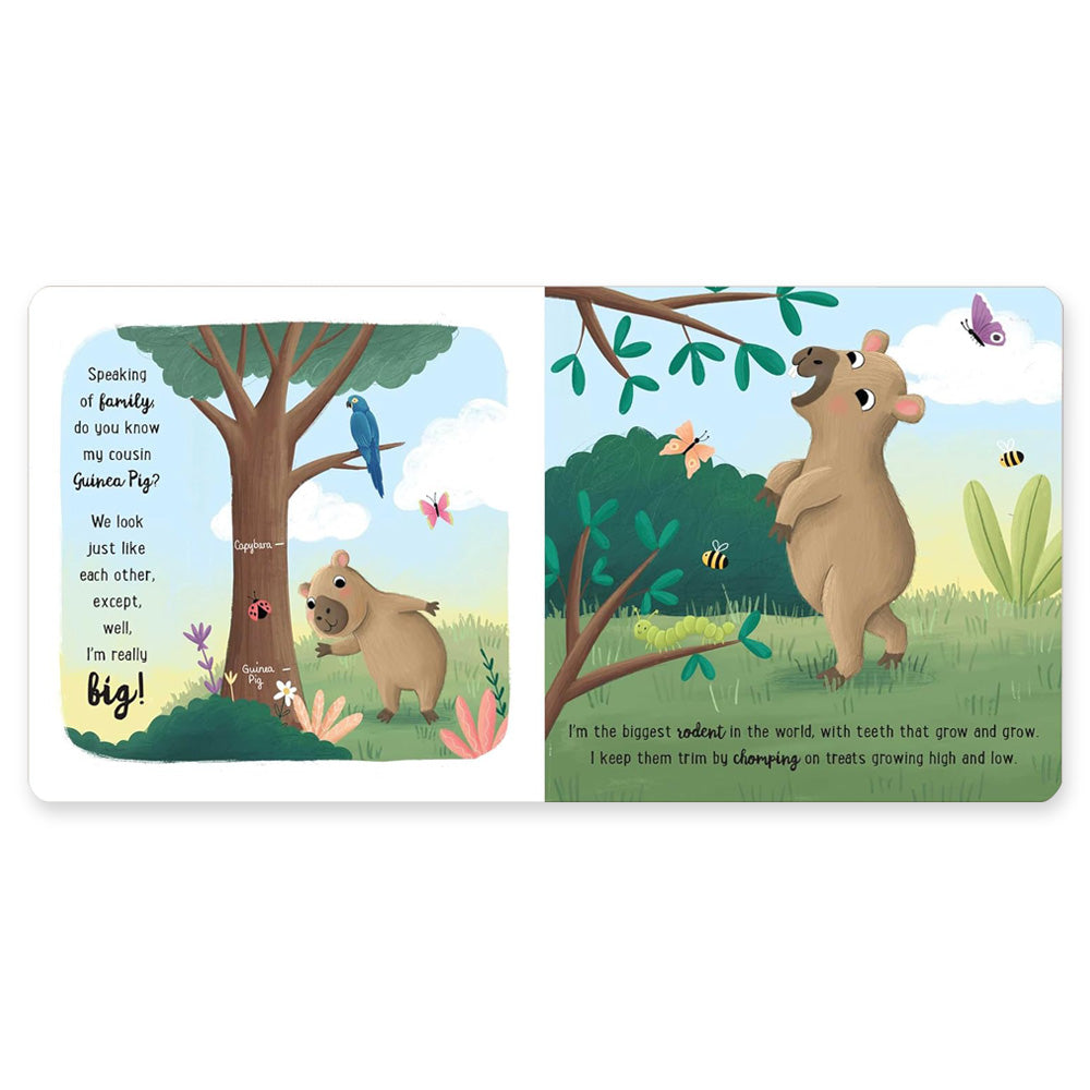 A spread from "I Love Being a Capybara: Padded Board Book: Picture Storybook" shows two capybaras in a forest with trees, butterflies, bees, and a bird—one eats leaves while the other smiles and waves. Perfect for young animal lovers.