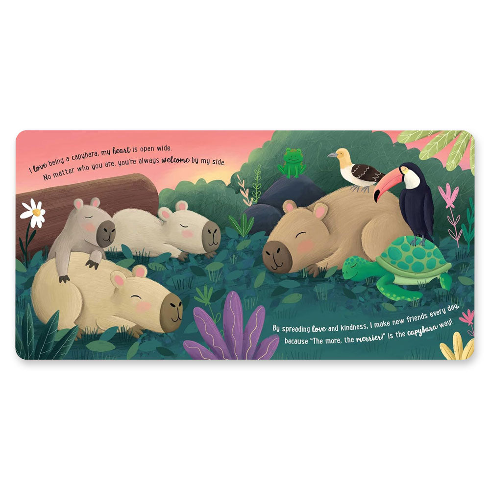 Four capybaras relax in a vibrant jungle with a frog, bird, toucan, and turtle. Lush plants create a peaceful scene in "I Love Being a Capybara: Padded Board Book," an ideal picture storybook for young animal lovers.