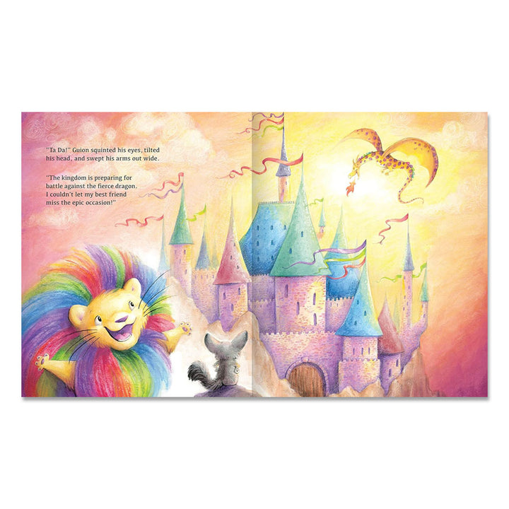 A Guion The Lion children’s book page features Guion with a vibrant mane and a gray mouse near a pink and blue fairytale castle, while a yellow dragon with pink wings soars above, sparking an imaginative adventure in the sky.