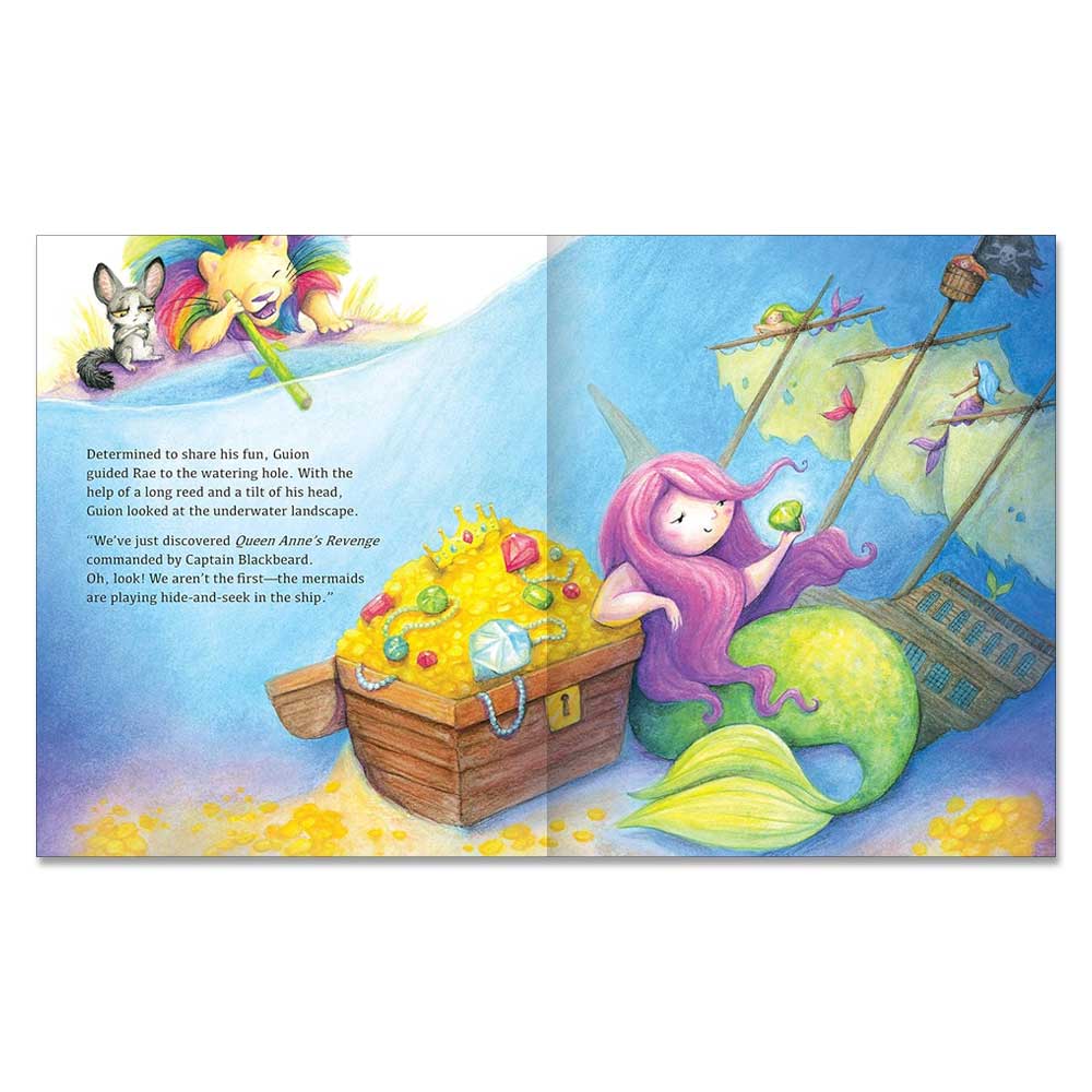 In "Guion The Lion," a pink-haired mermaid guards treasure near a shipwreck as a boy, rabbit, and Guion The Lion peek underwater to witness the magical adventure unfold.