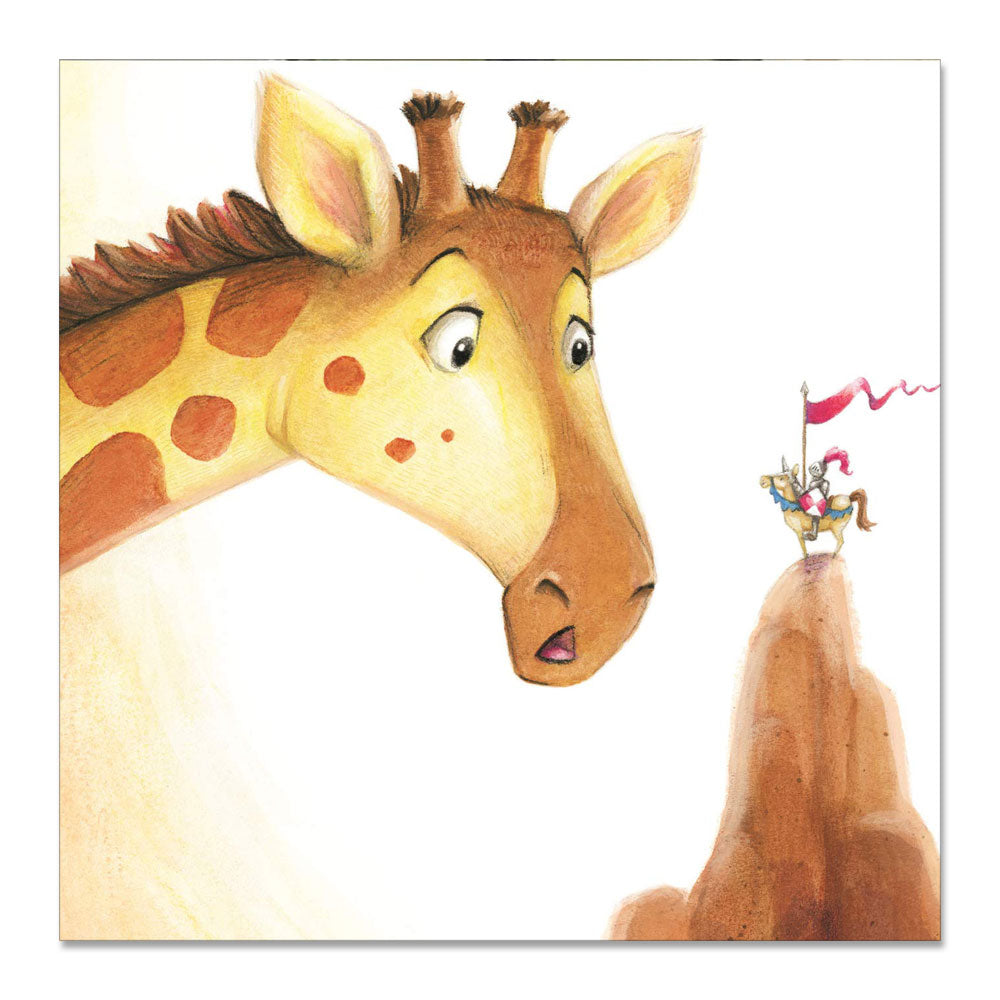 A surprised giraffe gazes at a tiny armored knight with a red flag atop a tall rock, set against a white background—capturing the whimsical, adventurous spirit of Guion The Lion.