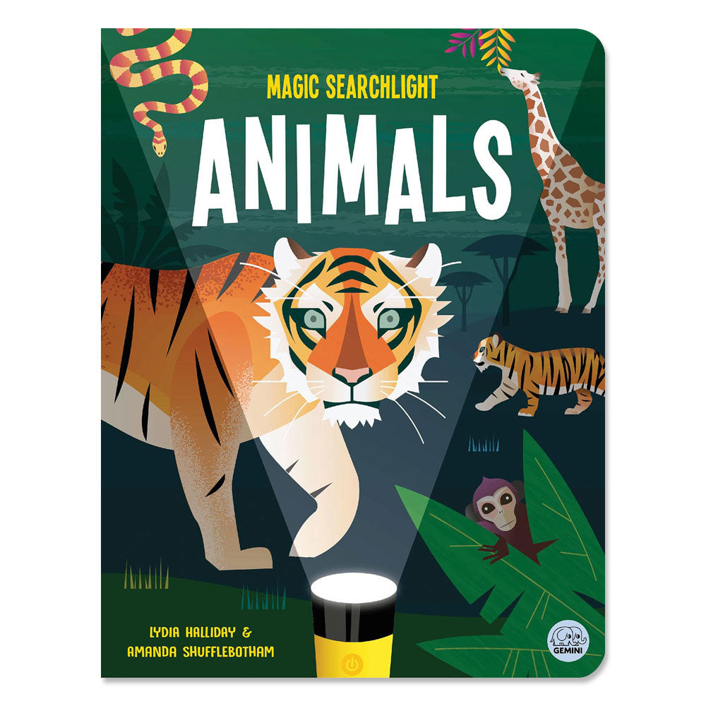 The cover of “Magic Searchlight - Animals” features a tiger in a flashlight beam, with a giraffe, monkey, and snake nearby. Authors Lydia Halliday and Amanda Shufflebotham appear at the bottom of this lift-the-flap book.