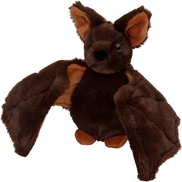 Introducing the Eco Plush Bat—a soft, fuzzy brown bat toy with outstretched wings and big ears, thoughtfully crafted from recycled materials for guilt-free snuggles.