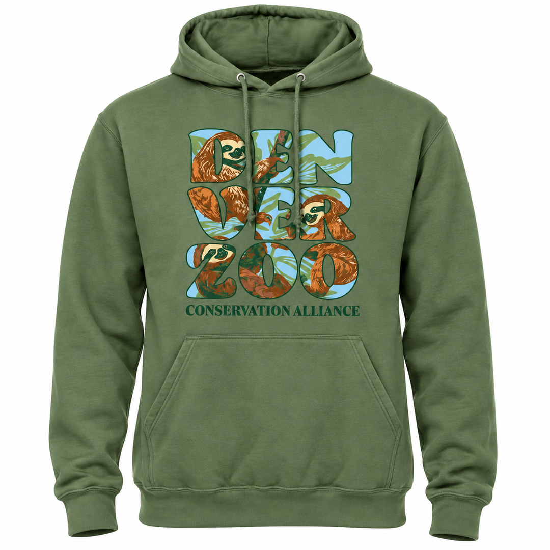 Olive green DZCA Sloth Letters Hooded Sweatshirt featuring DENVER ZOO CONSERVATION ALLIANCE in large block letters filled with sloth and leaf illustrations.