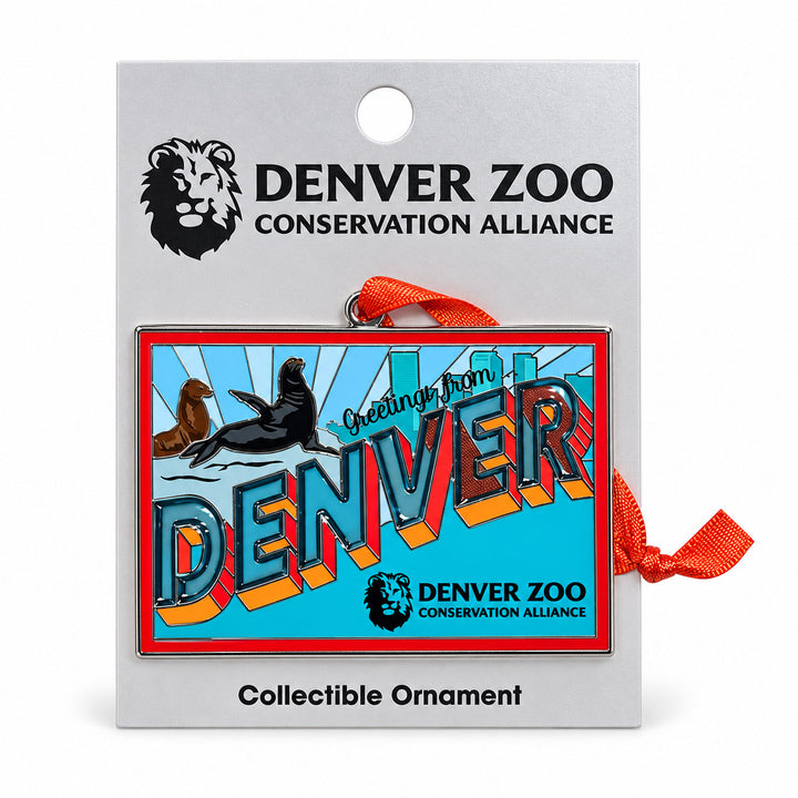 DZCA Sea Lions Greeting Stained Glass Ornament featuring two sea lions and the text Greetings from Denver on a display card for the Denver Zoo Conservation Alliance.