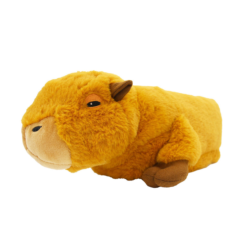 Capybara Slippers are soft, plush toys with golden-brown fur, brown ears and feet, and a light brown nose. Shaped like a capybara slipper and lying on its side against a white background. Perfect for fans of cute capybaras.