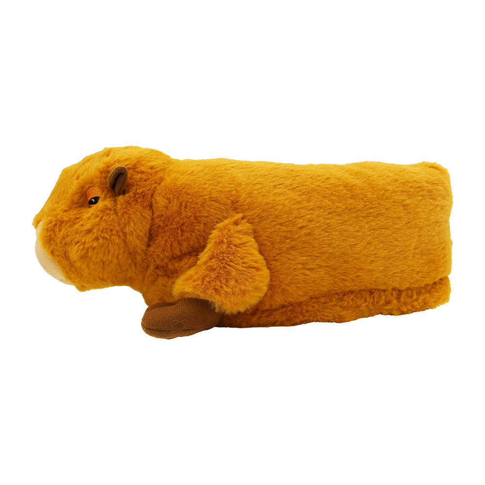 The Capybara Slippers feature golden-brown fur, a round face, small ears, and a brown nose, shaped like a plush capybara and shown from the side against a white background.