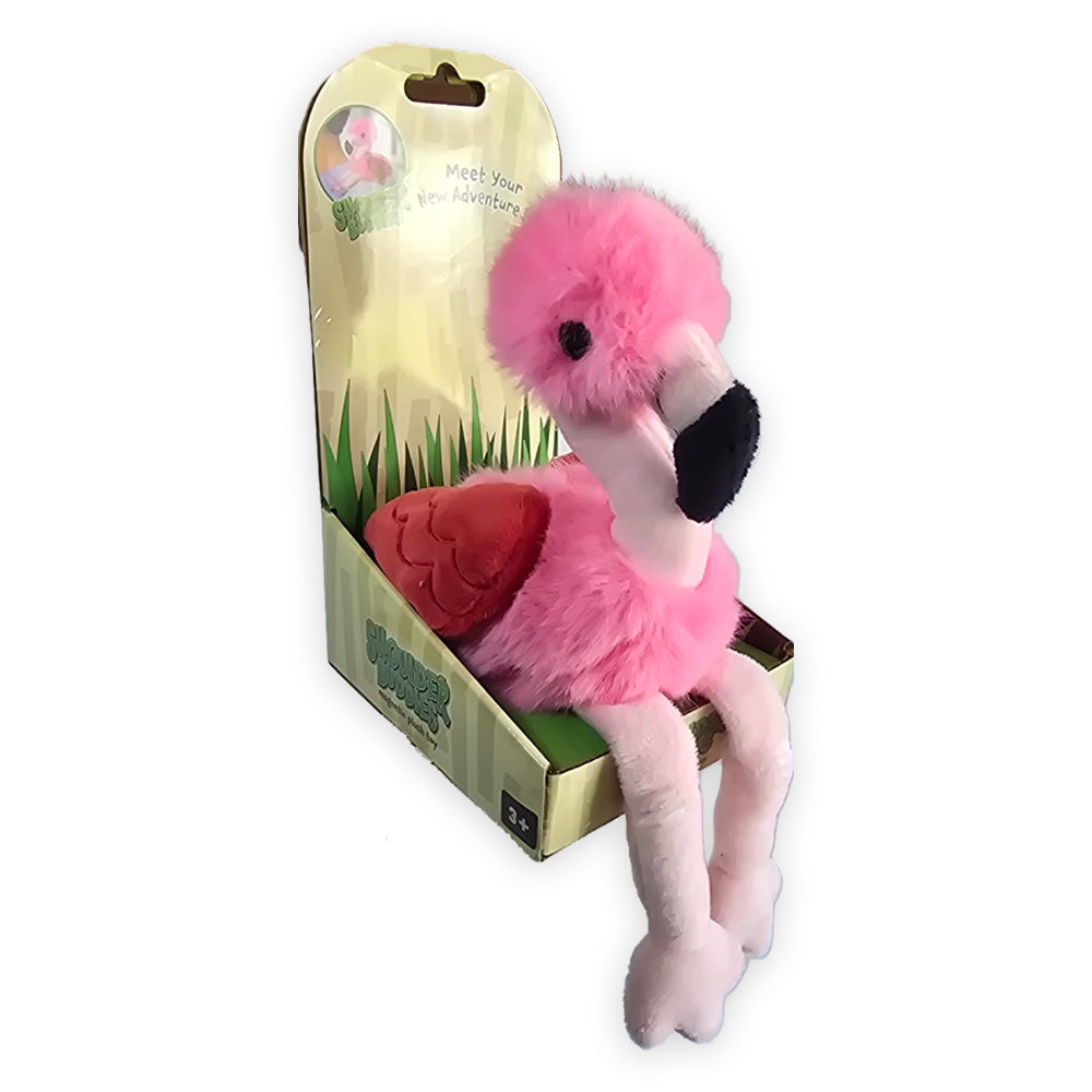 A Flamingo Shoulder Buddy Plush toy with long dangling legs inside its cardboard packaging.