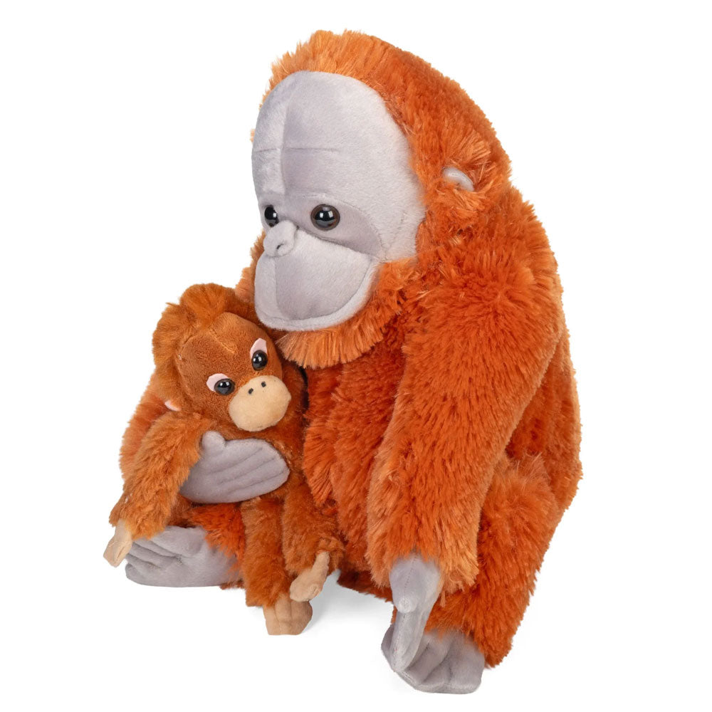 The Eco Plush Orangutan & Baby features a lifelike orange orangutan holding its cuddly baby, with gray faces and soft fur—bringing the warmth of nature into your home.