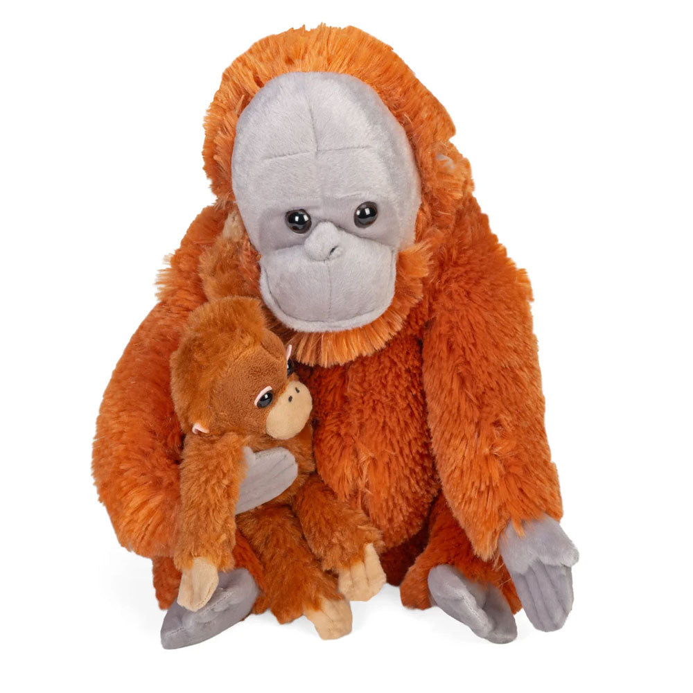 The Eco Plush Orangutan & Baby features soft orange fur and gentle expressions, with the mom cuddling her little one. This lifelike, adorable plush is perfect for young animal lovers.