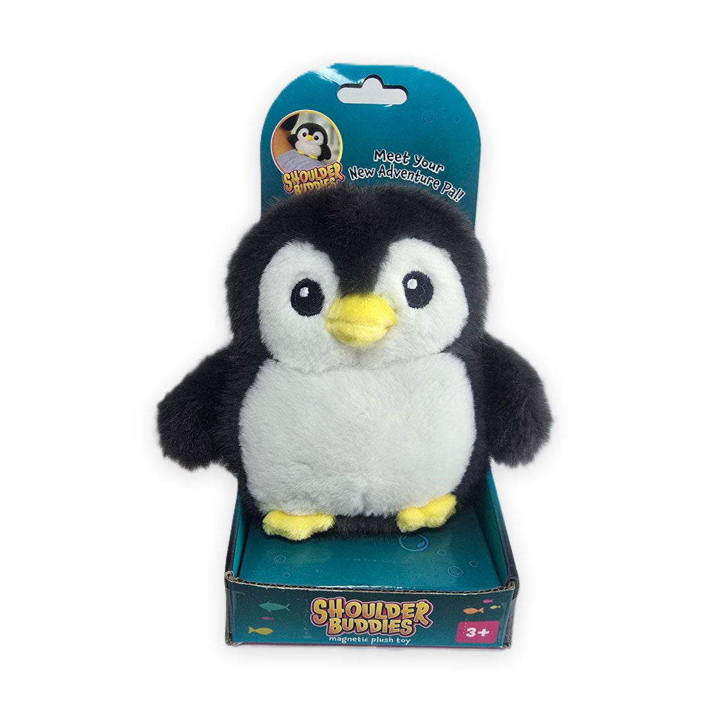 Penguin Shoulder Buddy Plush toy in retail packaging.
