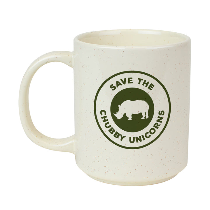 DZCA Save the Chubby Unicorns Mug, an off-white speckled ceramic mug featuring a green circular graphic of a rhinoceros silhouette and the text SAVE THE CHUBBY UNICORNS to support wildlife preservation.