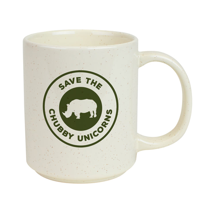 DZCA Save the Chubby Unicorns mug in cream with speckles, featuring a green circular logo of a rhinoceros.