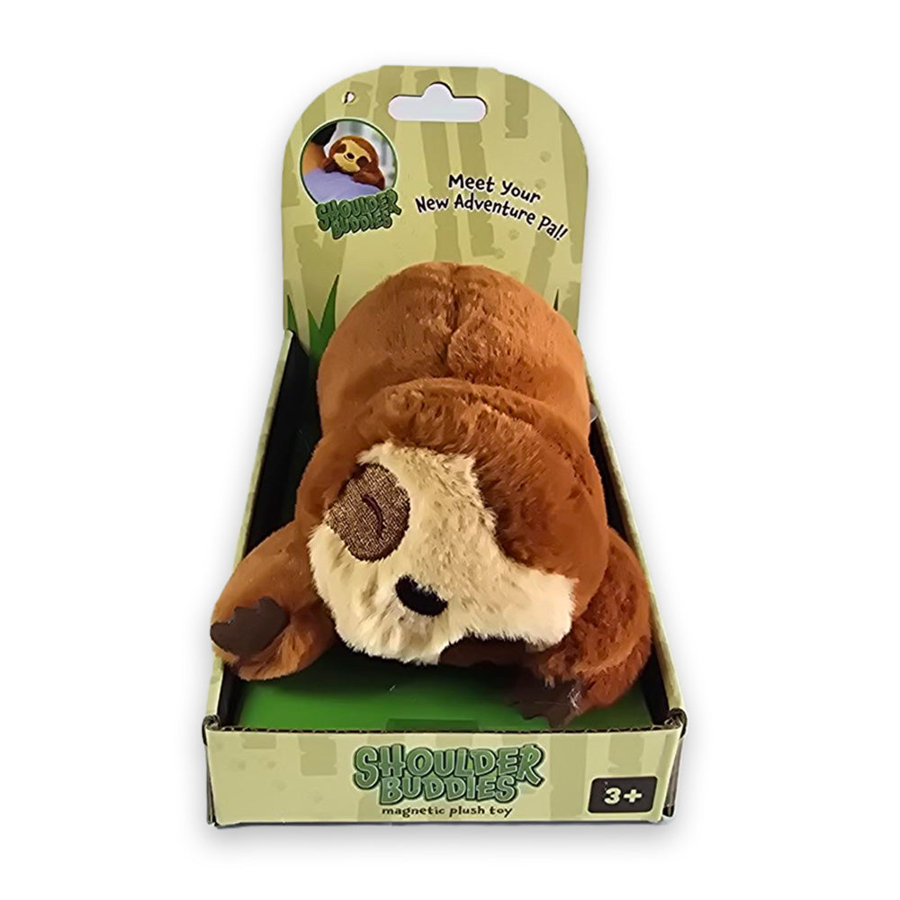 Brown Sloth Shoulder Buddy Plush toy in its cardboard retail packaging.