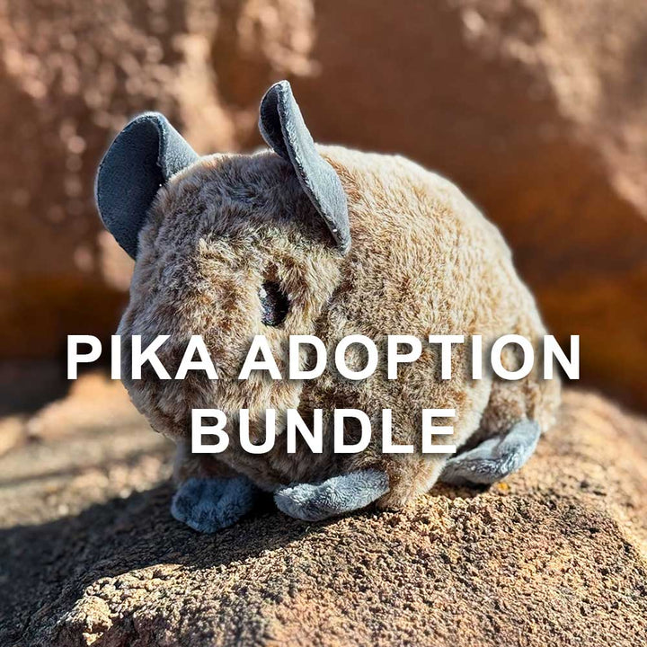 A plush pika, inspired by its Rocky Mountain origins, perches on a rock with "Pika Adoption Bundle" boldly displayed across the center of the image in white text.