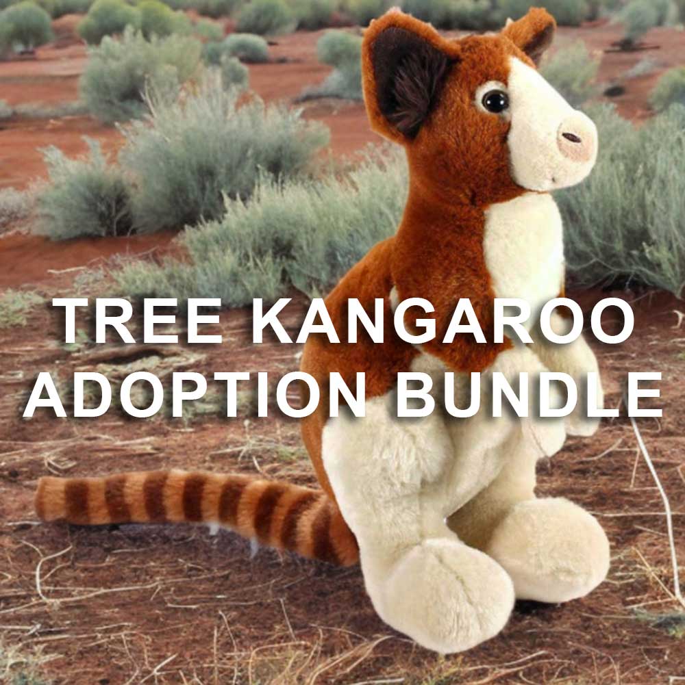 A Tree Kangaroo plush with a striped tail sits among green shrubs on red soil. Text: "Tree Kangaroo Adoption Bundle," supporting animal conservation through this special plush adoption set.