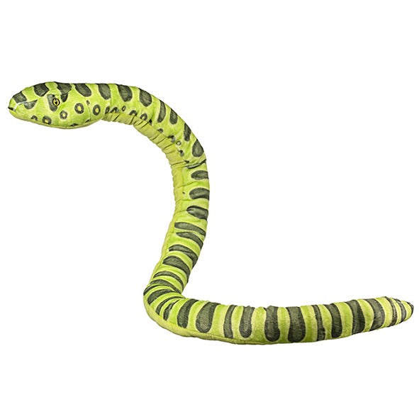 The Anaconda Adoption Bundle includes a green and yellow plush snake toy inspired by the green anaconda, with dark green spots and stripes, posed in an S-shape against a white background.