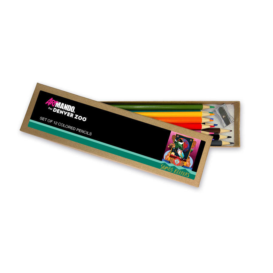 The Armando Silva x Denver Zoo Colored Pencil Set includes 12 colored pencils in a brown box with vibrant artwork and a pencil sharpener—an eye-catching addition to any art collection. The partially open box displays the pencils inside.