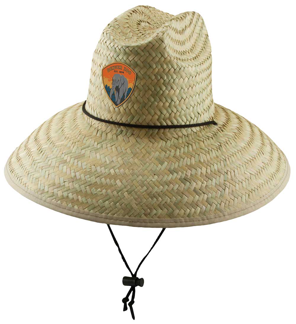 The Denver Zoo Straw Hat w/ Elephant Patch features a wide brim, palm leaf straw, a chin strap, and an embroidered elephant patch—great for wildlife supporters and Denver Zoo fans.
