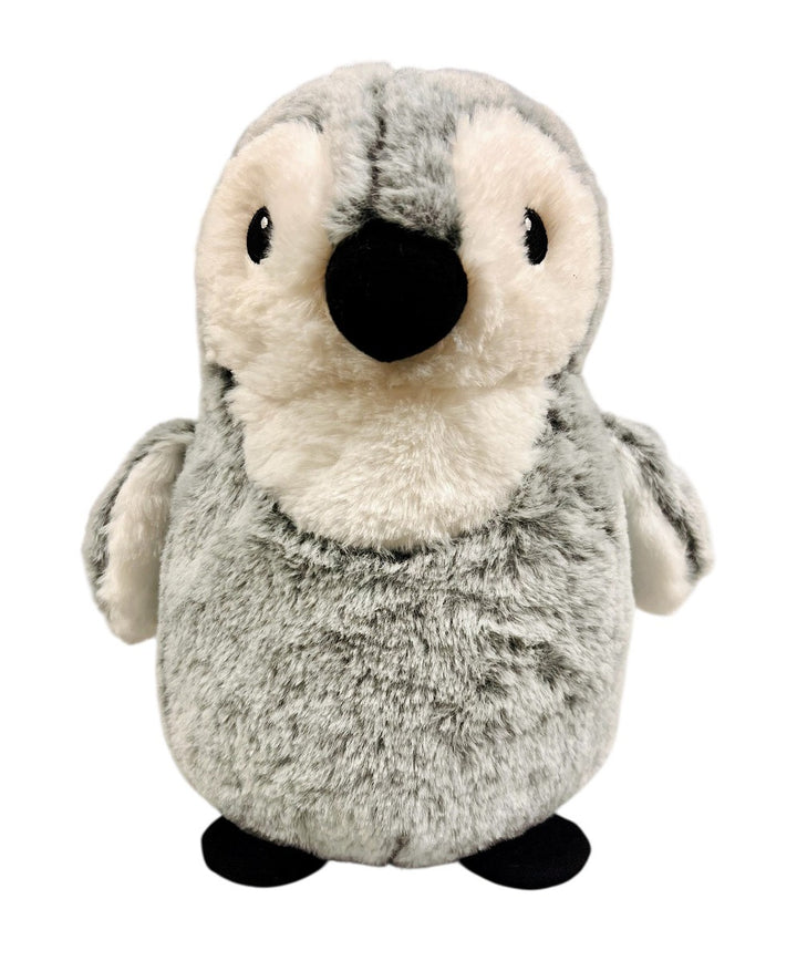 The Penguin Grey Plush features soft gray and white fur, black oval eyes, a black beak, and small wings, standing upright against a white background.