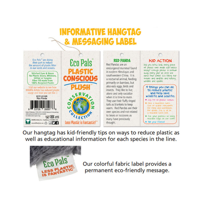 An informative hangtag and label for Eco Pals Black-Footed Penguin Plush, featuring plastic reduction tips, educational black-footed penguin facts, eco-friendly messages, and a fabric label reading Less Plastic is Fantastic!.