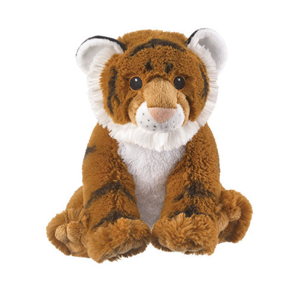 The Eco Plush Stuffed Tiger sits upright on a white background, featuring orange fur, black stripes, a white snout and belly, and round black eyes—crafted from recycled materials for an eco-friendly touch.