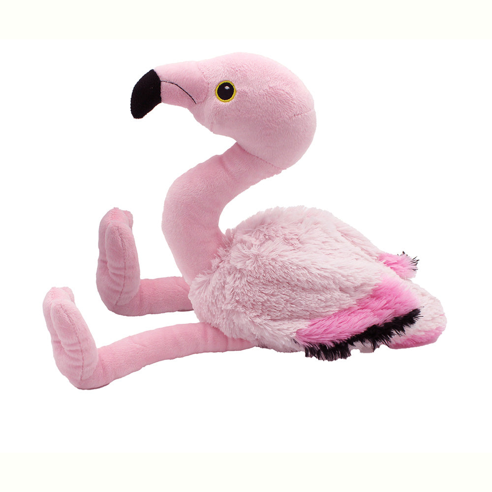 The Eco Plush Stuffed Flamingo features black-tipped wings, yellow eyes, and an upright neck. This eco-friendly plush toy sits with legs outstretched and is made from recycled plastic fiber.