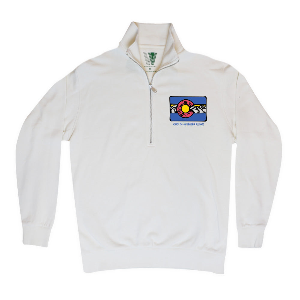 The DZCA Quarter Zip Fleece Sweatshirt is a white unisex pullover with a vibrant left-chest patch showing a stylized Colorado flag, mountains, and the phrase GONE TO DENVER, ALWAYS.